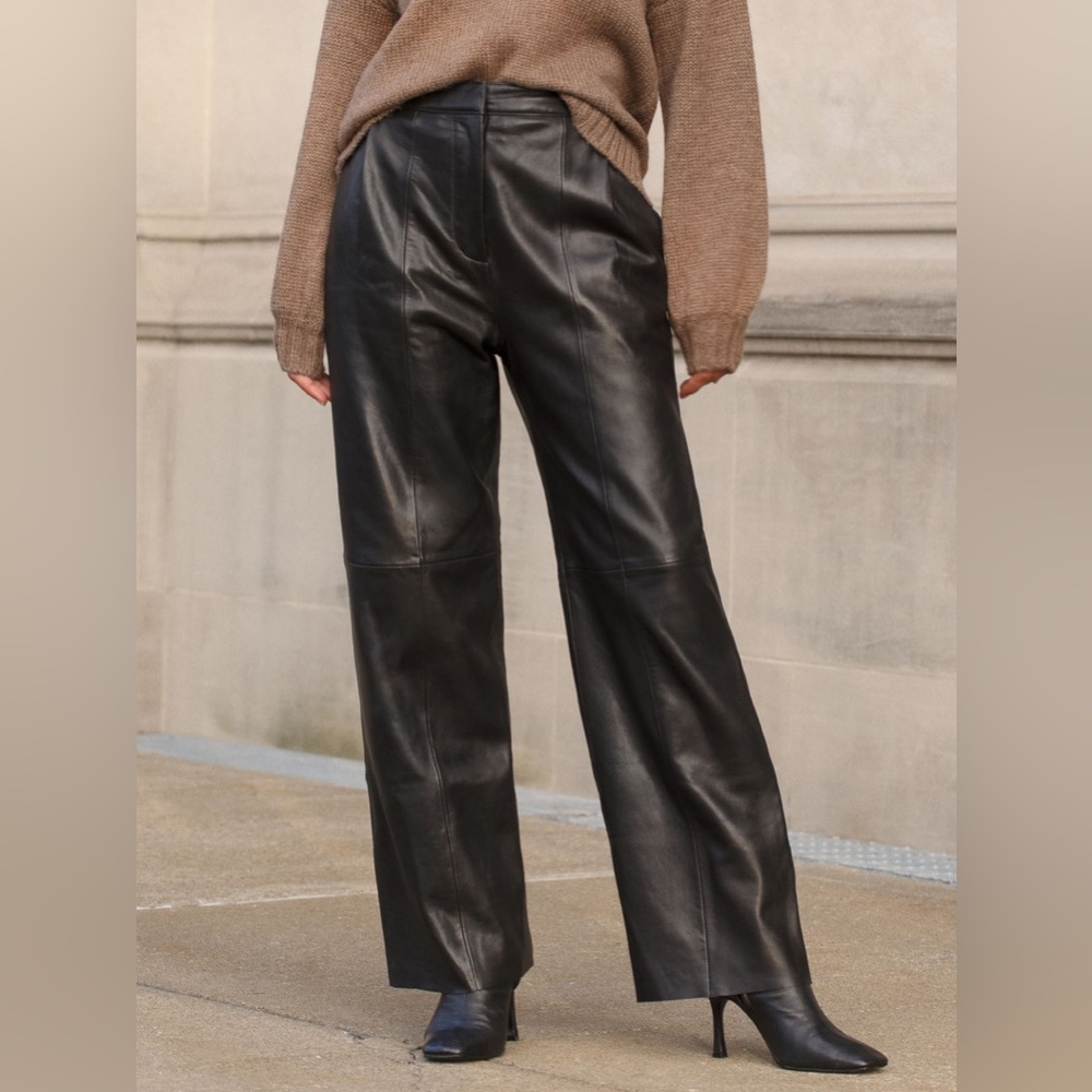 REFORMATION Veda Rivington Wide Leg Leather Trouser Black Sz 0